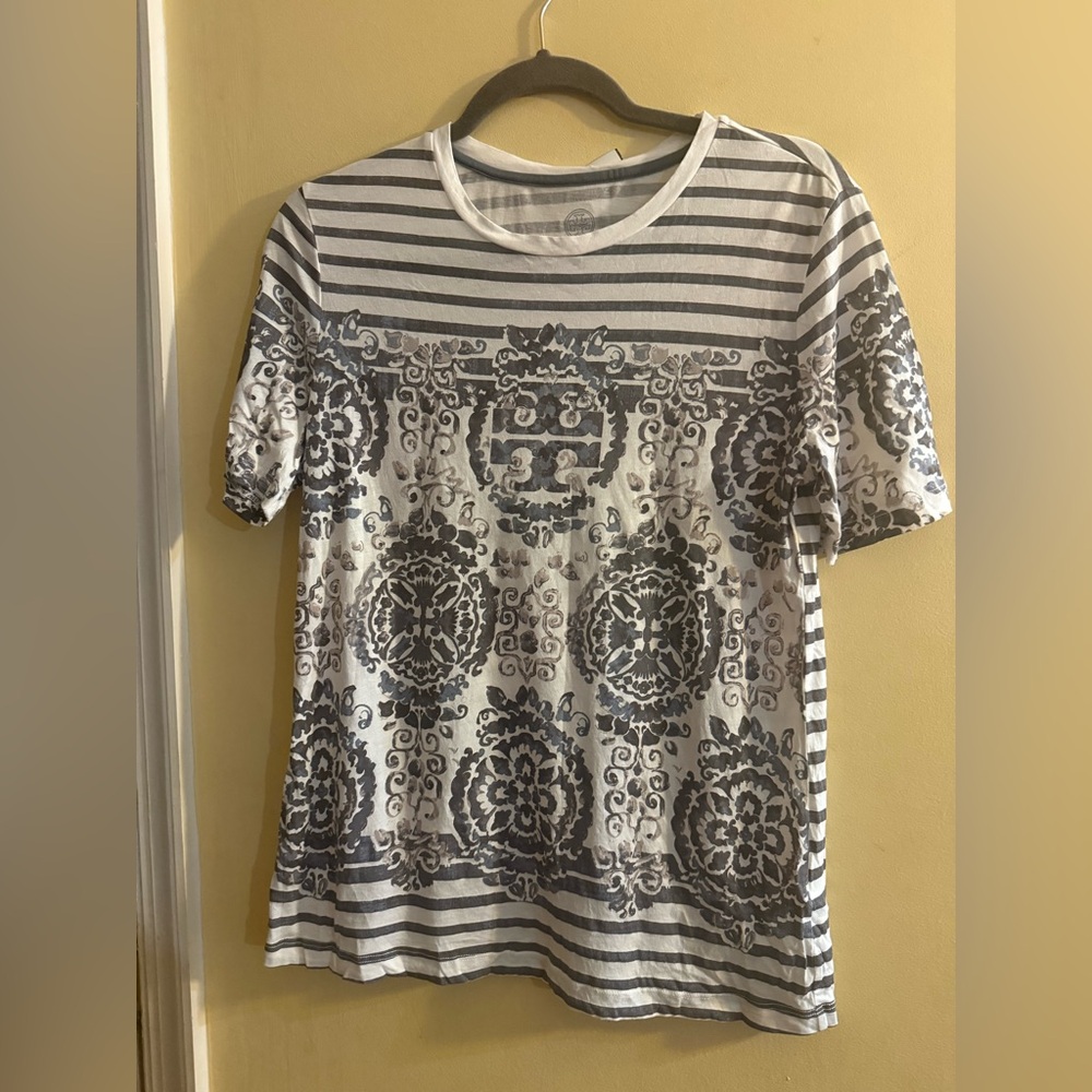 Tory Burch Gray and White Striped Tee, small